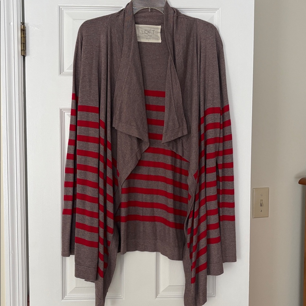 LOFT Draped Cardigan with Red and Light Brown Stripes